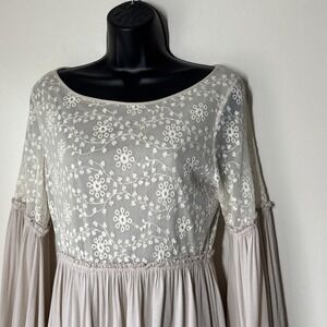 Basically Me‎ Midi Dress Flare Sleeve Ruffles Womens Size M Beige Festival Fairy